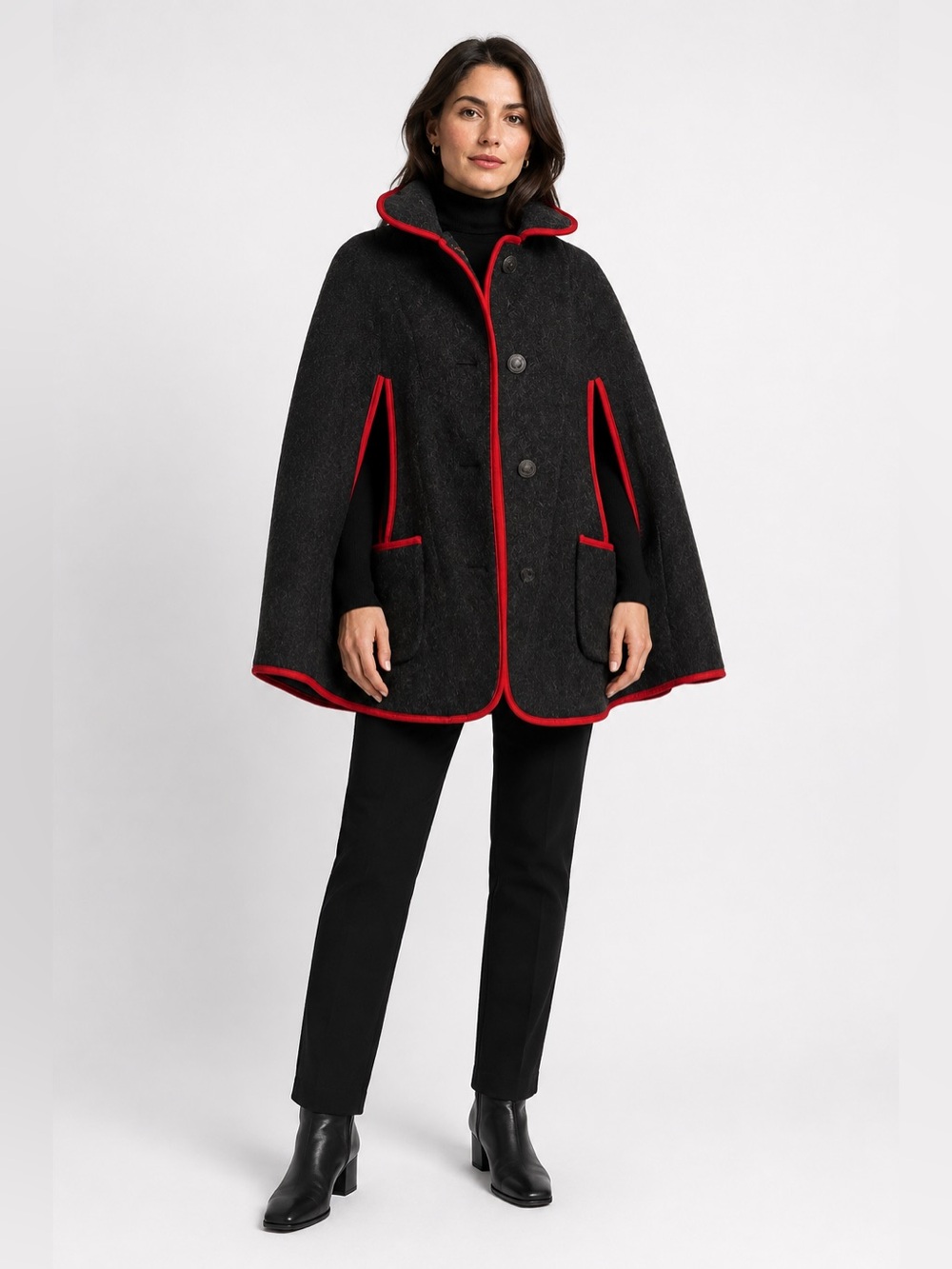 Vintage Teller Austria Cape Coat Black Red Trim size S Olympic Label.